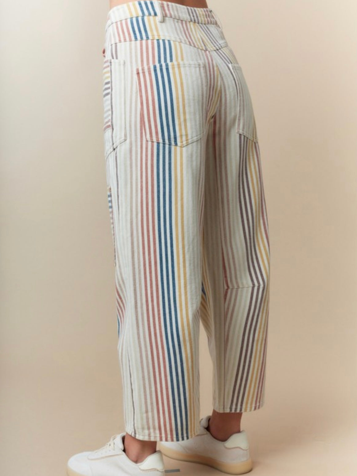 Beige striped printed straight jeans pants