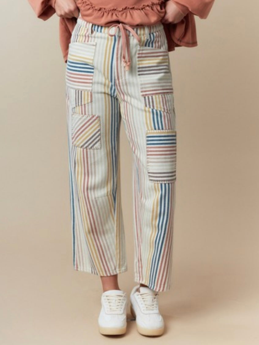 Beige striped printed straight jeans pants