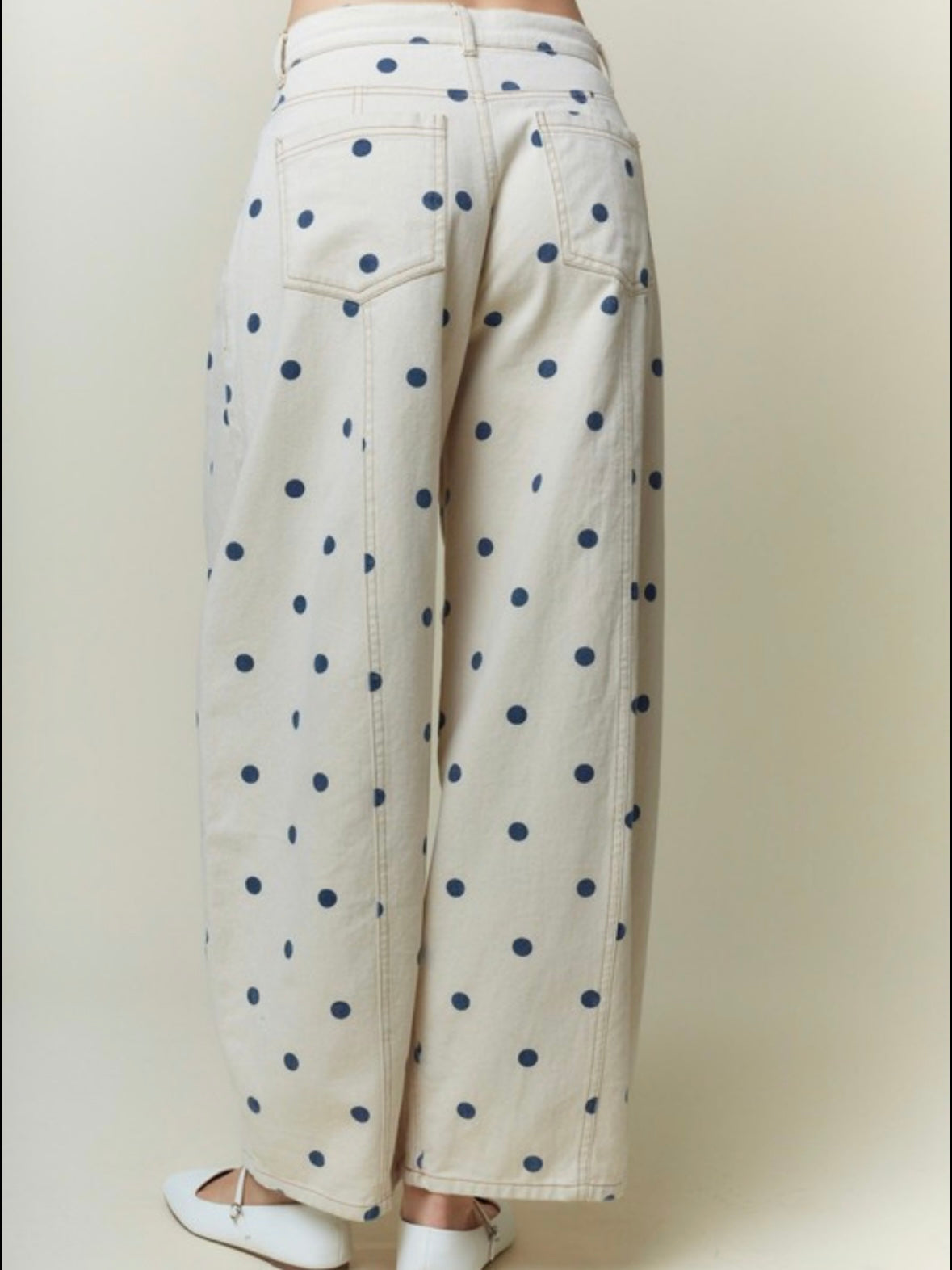 Beige polka dot printed barrel jeans pants