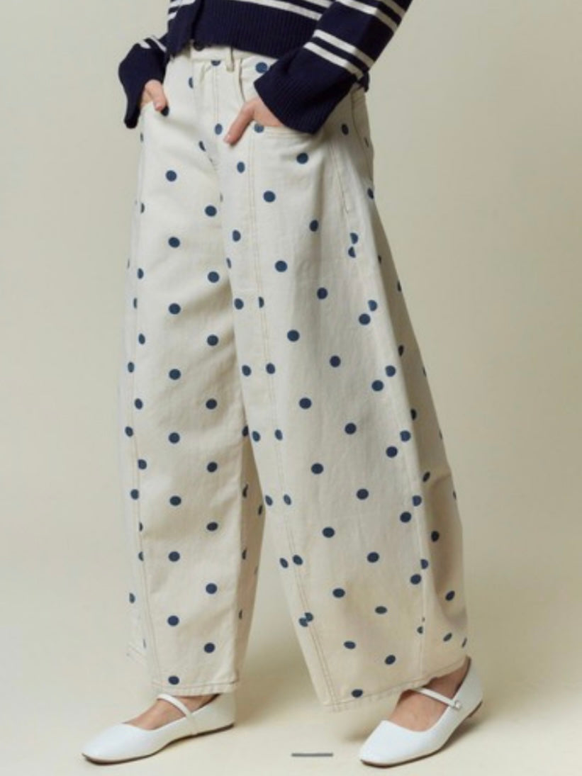 Beige polka dot printed barrel jeans pants
