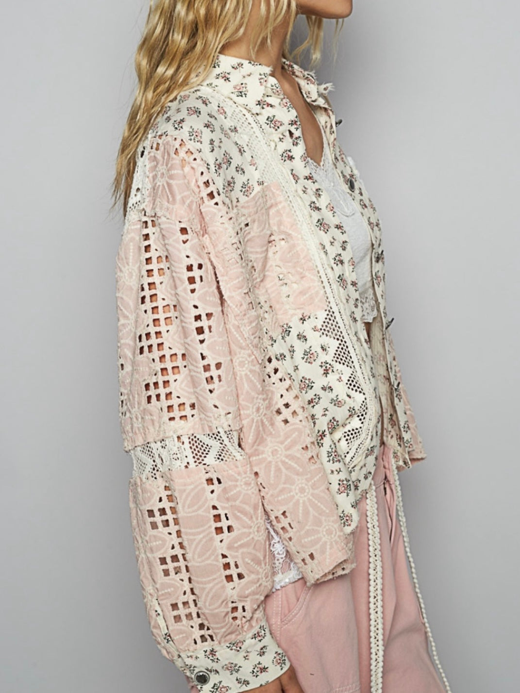 Pink and beige mix fabrics shacket - shirt