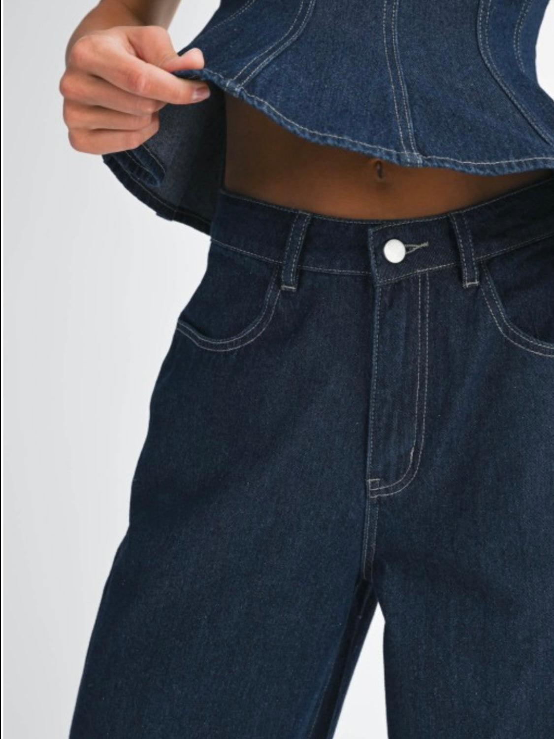Dark blue denim straight pants and top set