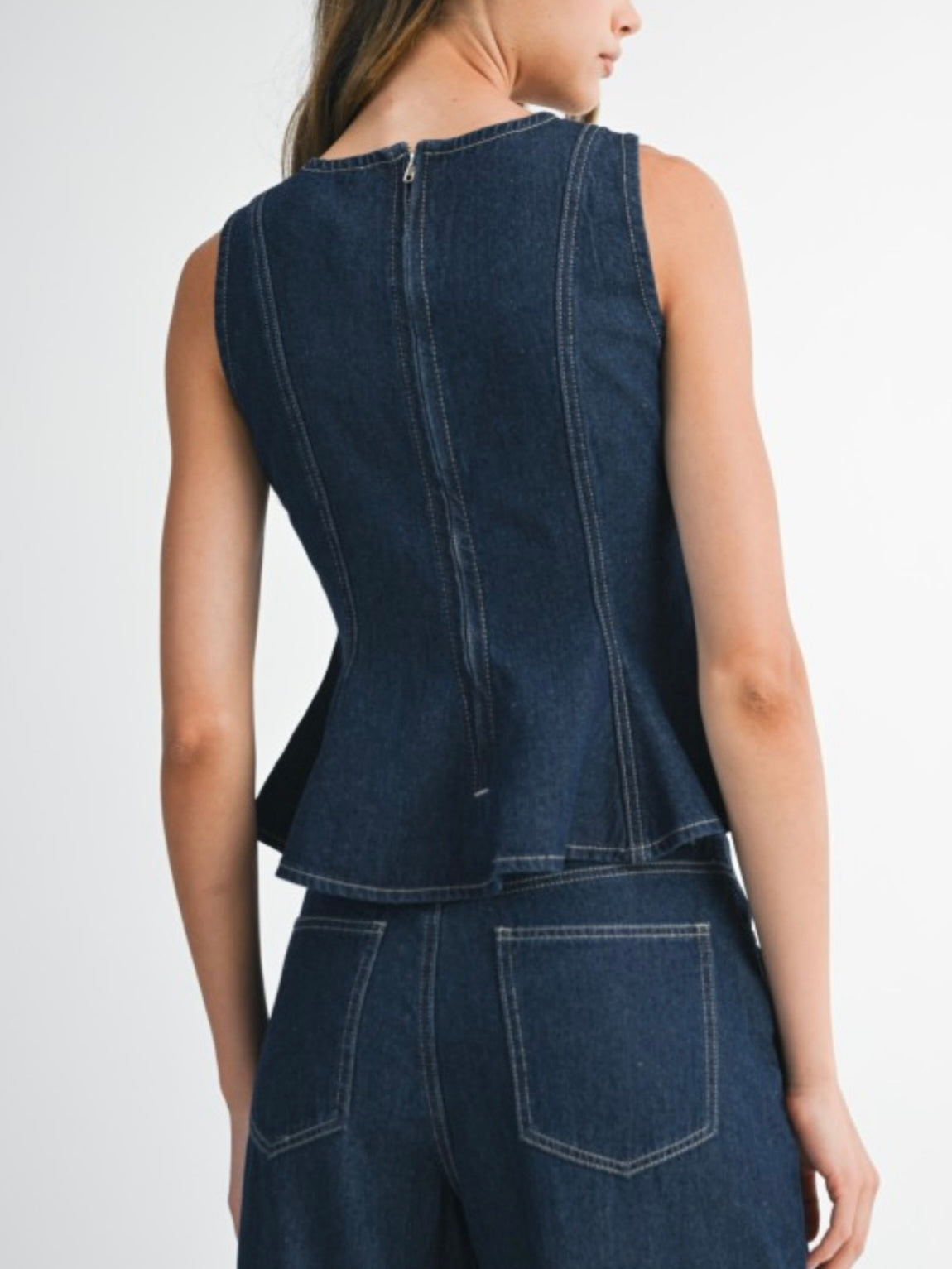 Dark blue denim straight pants and top set