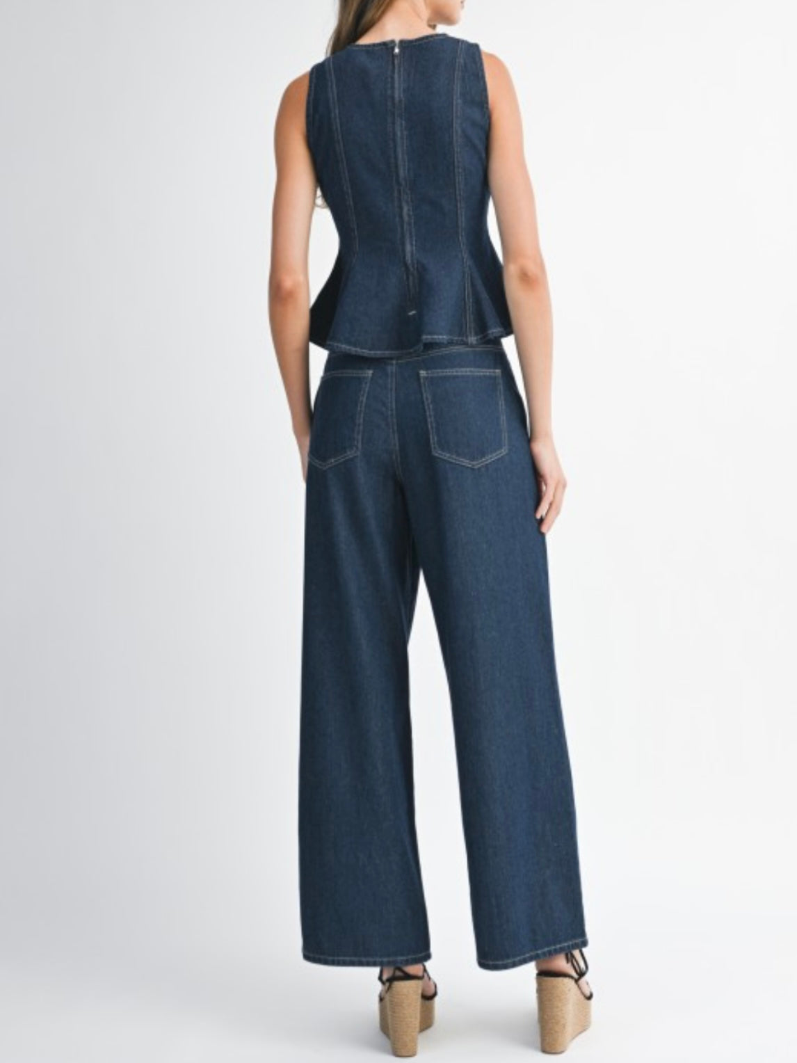 Dark blue denim straight pants and top set