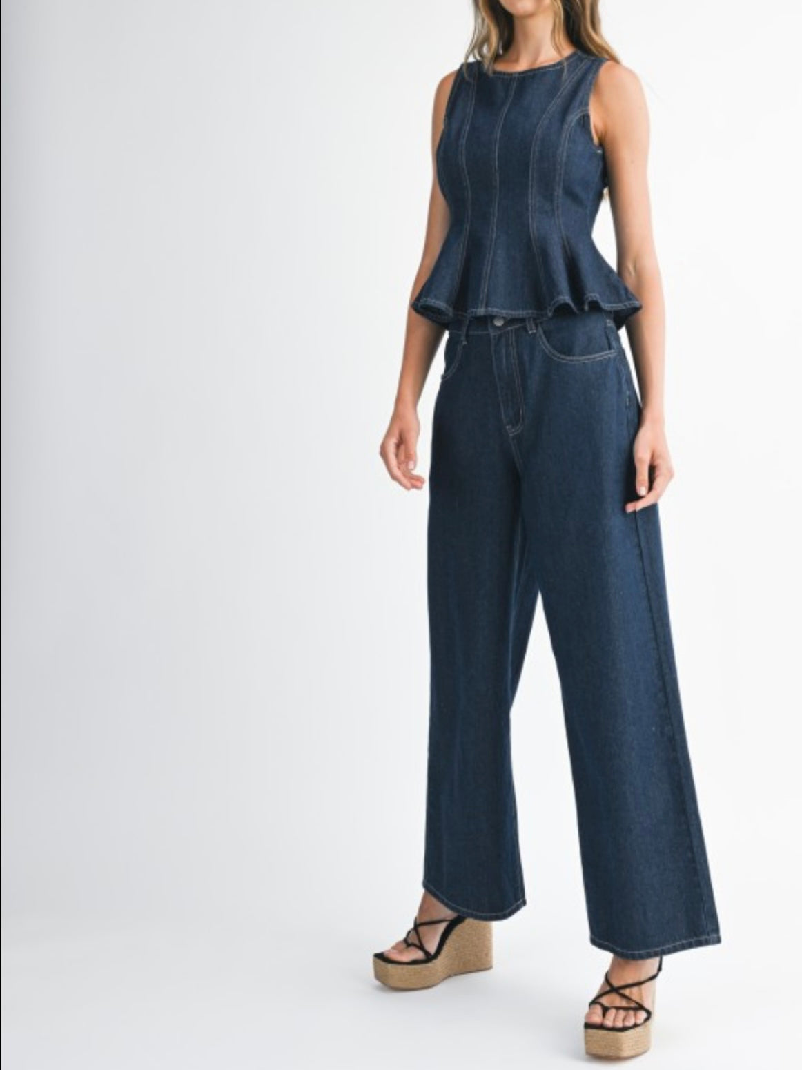 Dark blue denim straight pants and top set