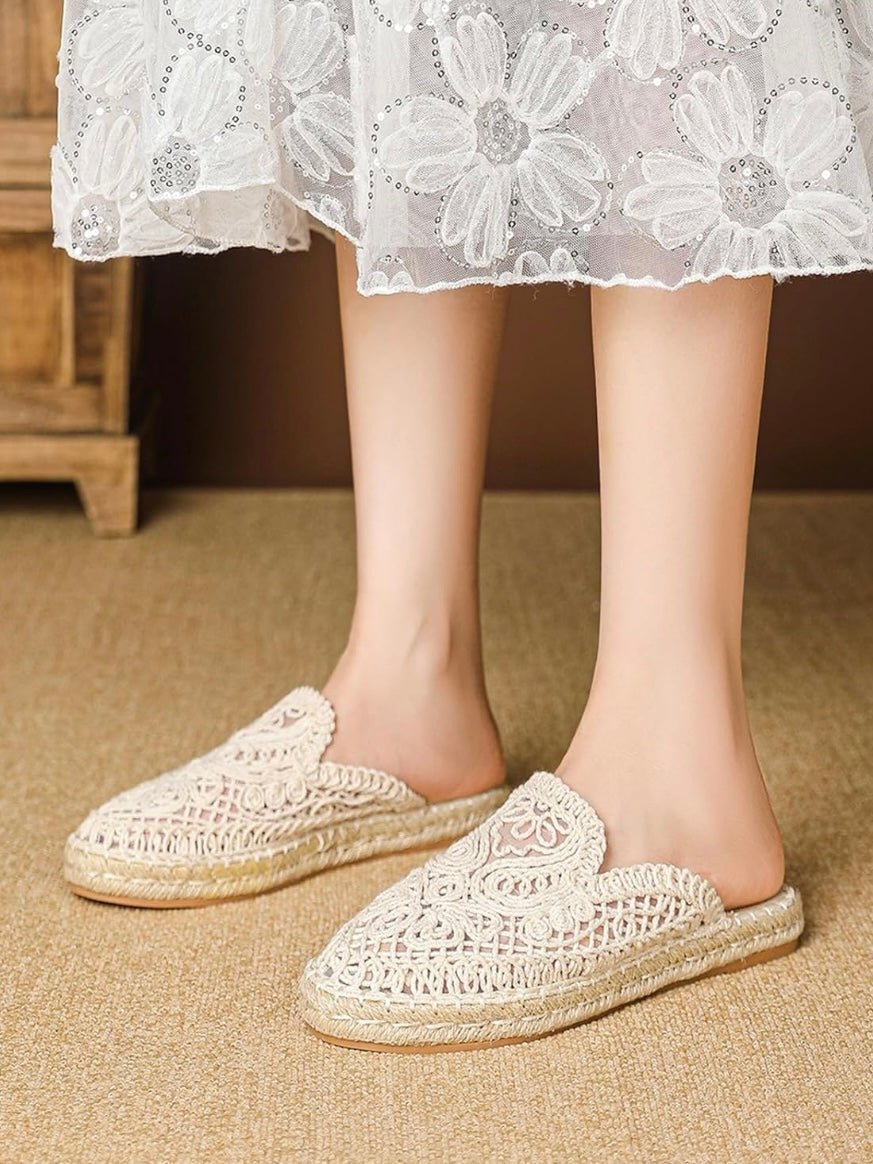 Beige floral embroidered espadrilles flats mules