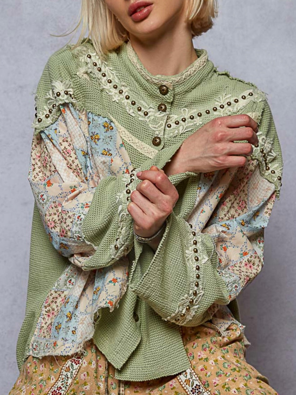 Green and beige mix fabrics shacket - shirt