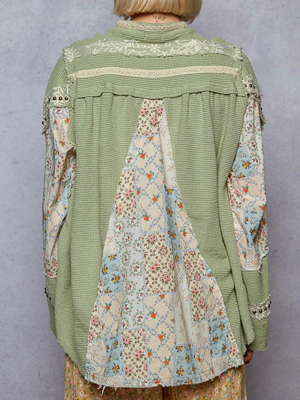 Green and beige mix fabrics shacket - shirt