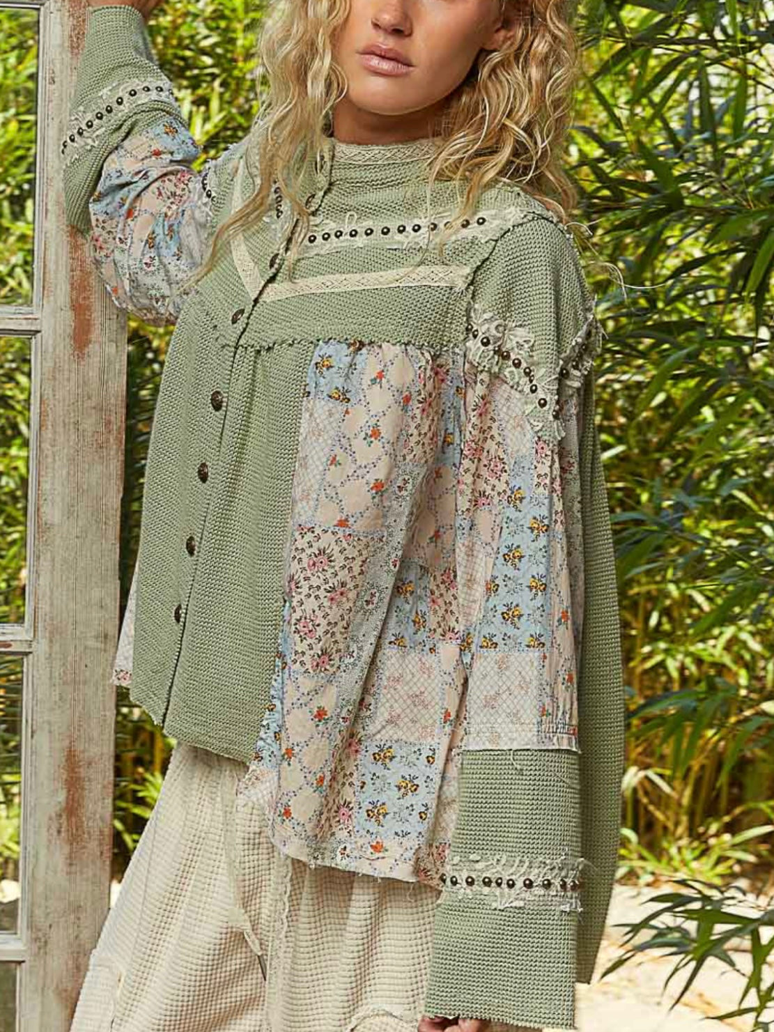 Green and beige mix fabrics shacket - shirt