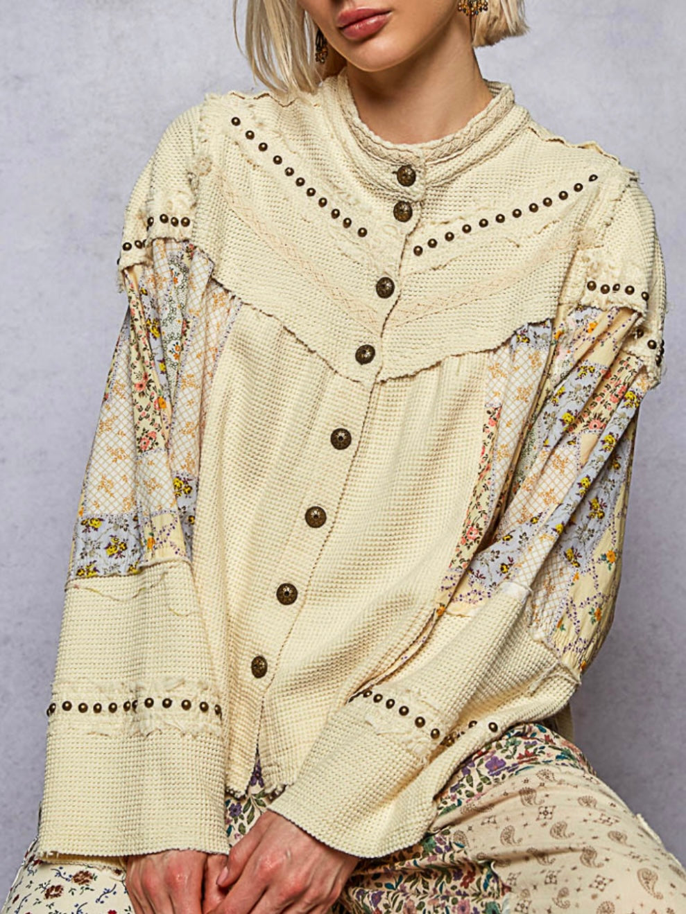 Green and beige mix fabrics shacket - shirt
