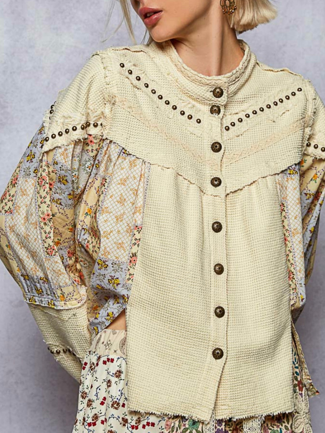 Green and beige mix fabrics shacket - shirt