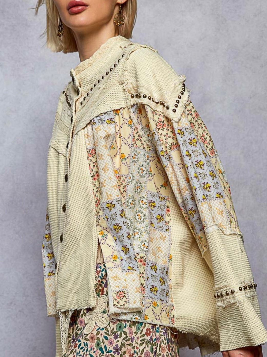 Green and beige mix fabrics shacket - shirt