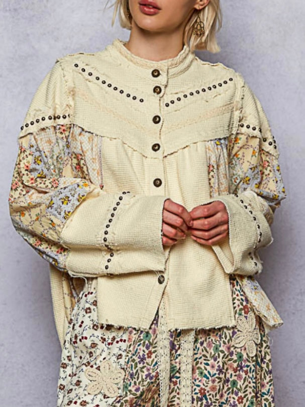 Green and beige mix fabrics shacket - shirt