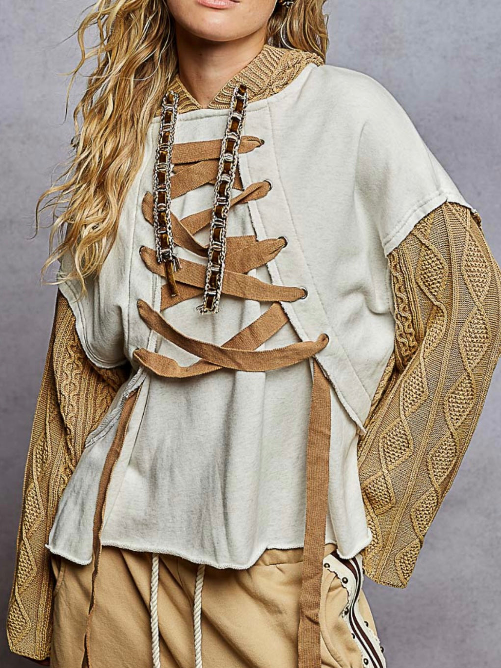 Coffee brown knitted and light blue mix fabrics hooded top