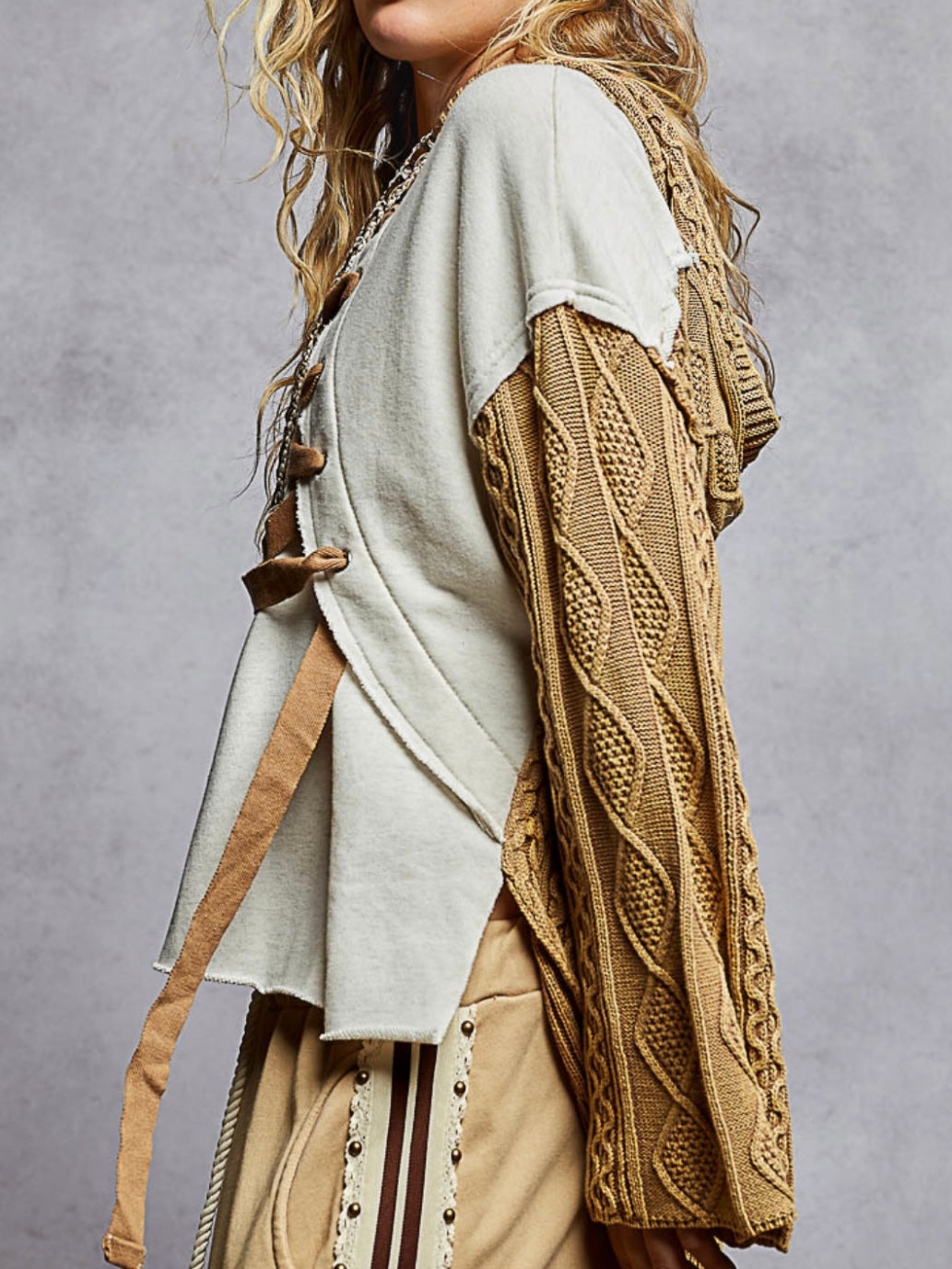 Coffee brown knitted and light blue mix fabrics hooded top
