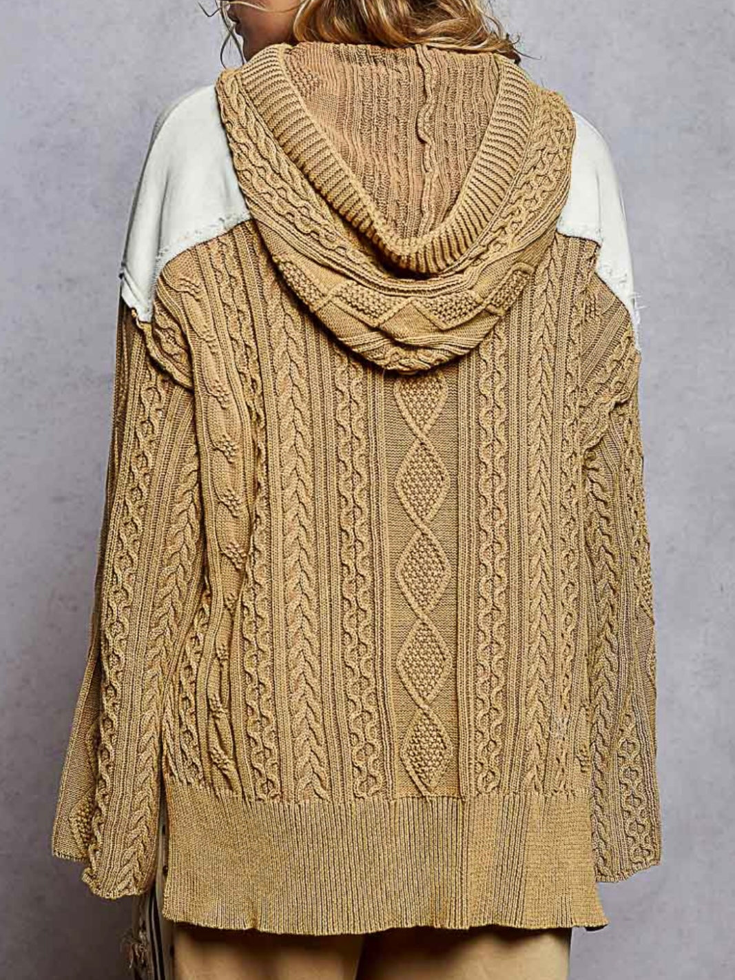 Coffee brown knitted and light blue mix fabrics hooded top