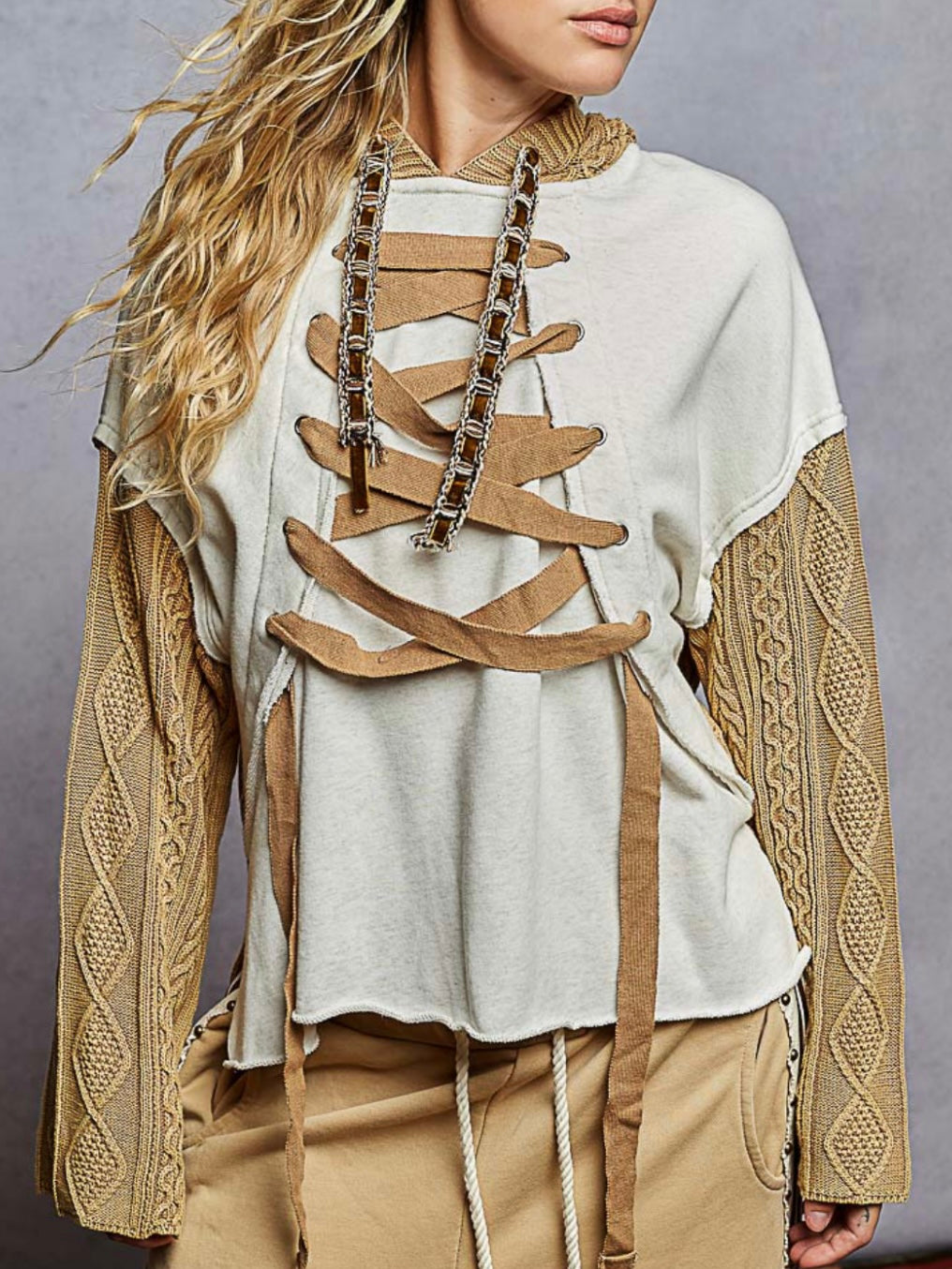 Coffee brown knitted and light blue mix fabrics hooded top