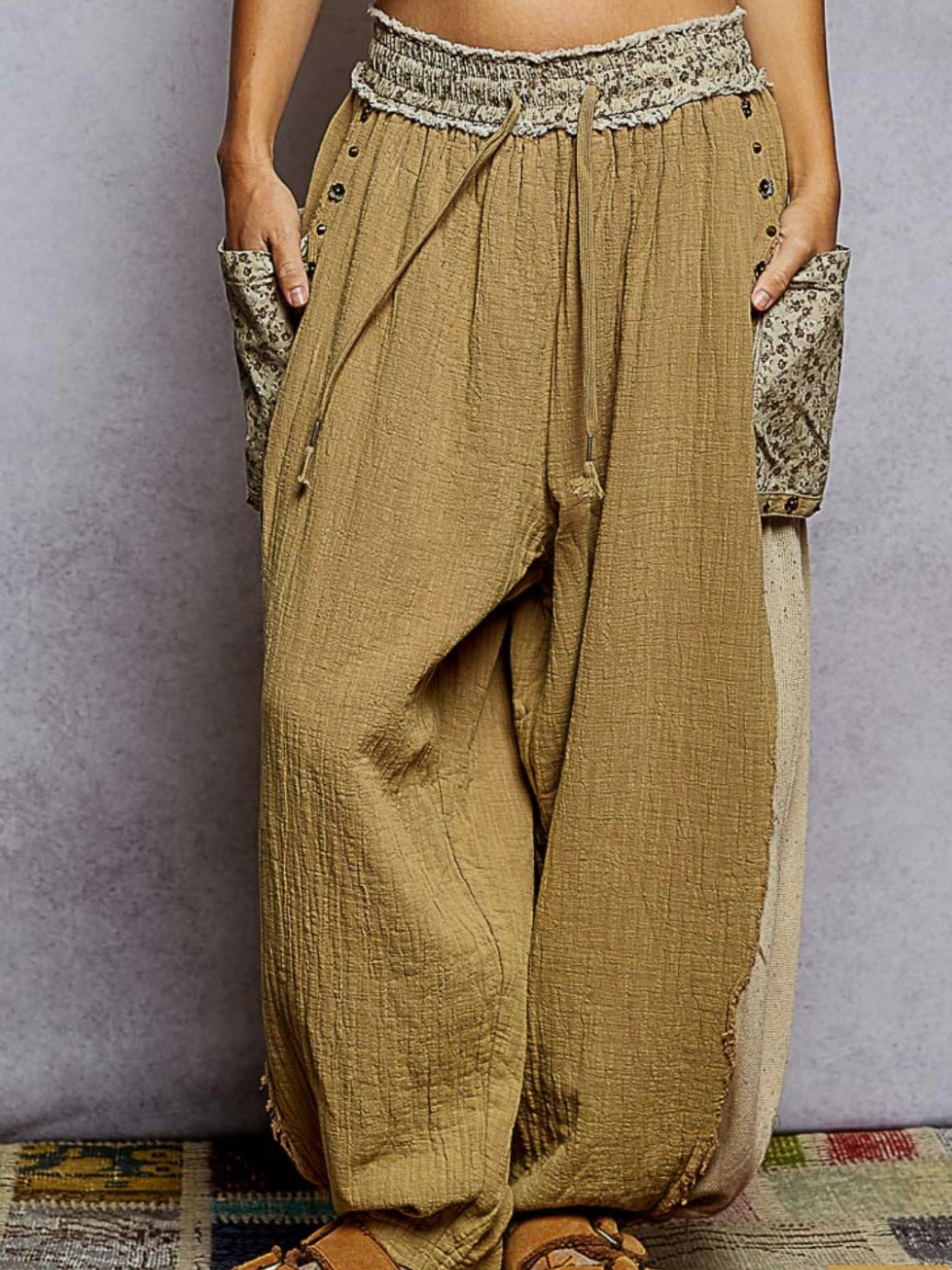 Brown mixed printed fabrics patched wide cargo pants