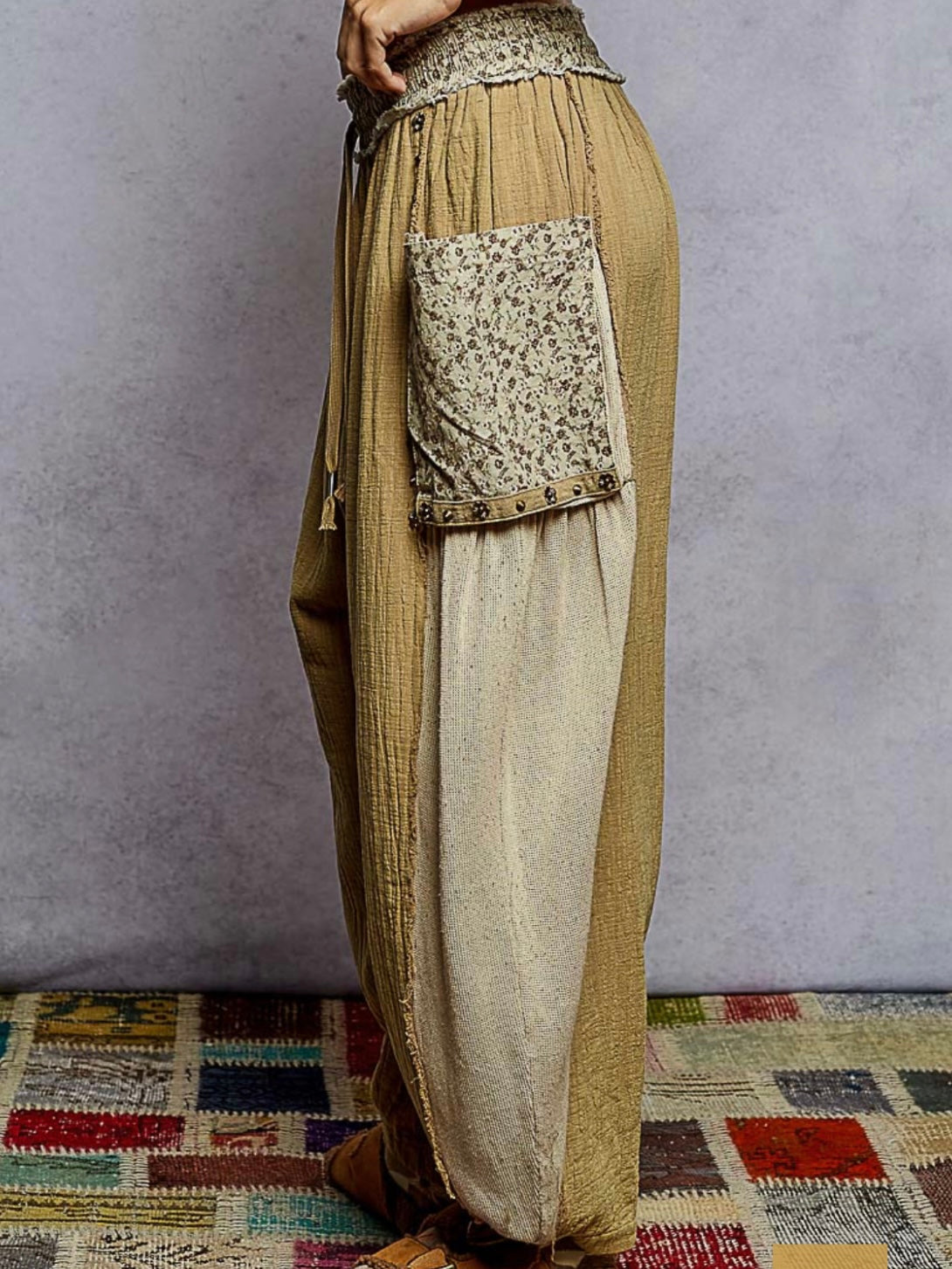 Brown mixed printed fabrics patched wide cargo pants