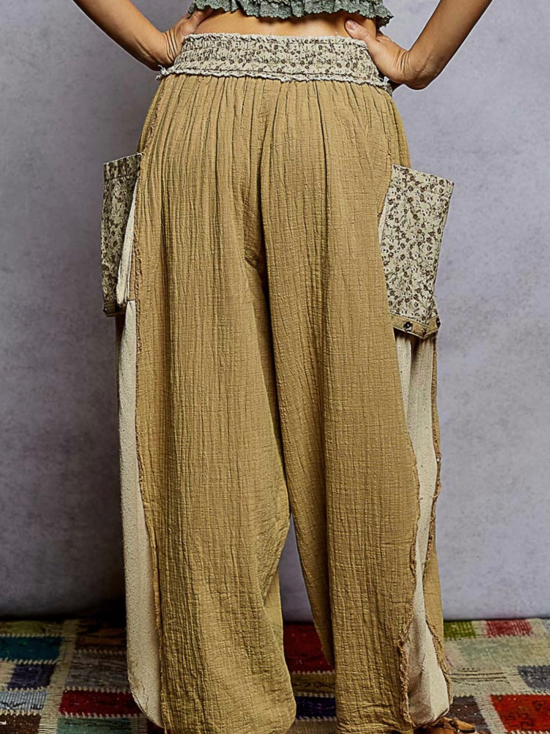 Brown mixed printed fabrics patched wide cargo pants