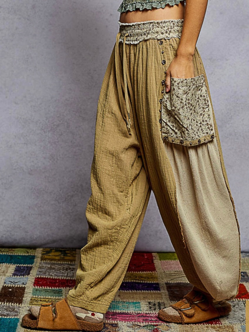 Brown mixed printed fabrics patched wide cargo pants