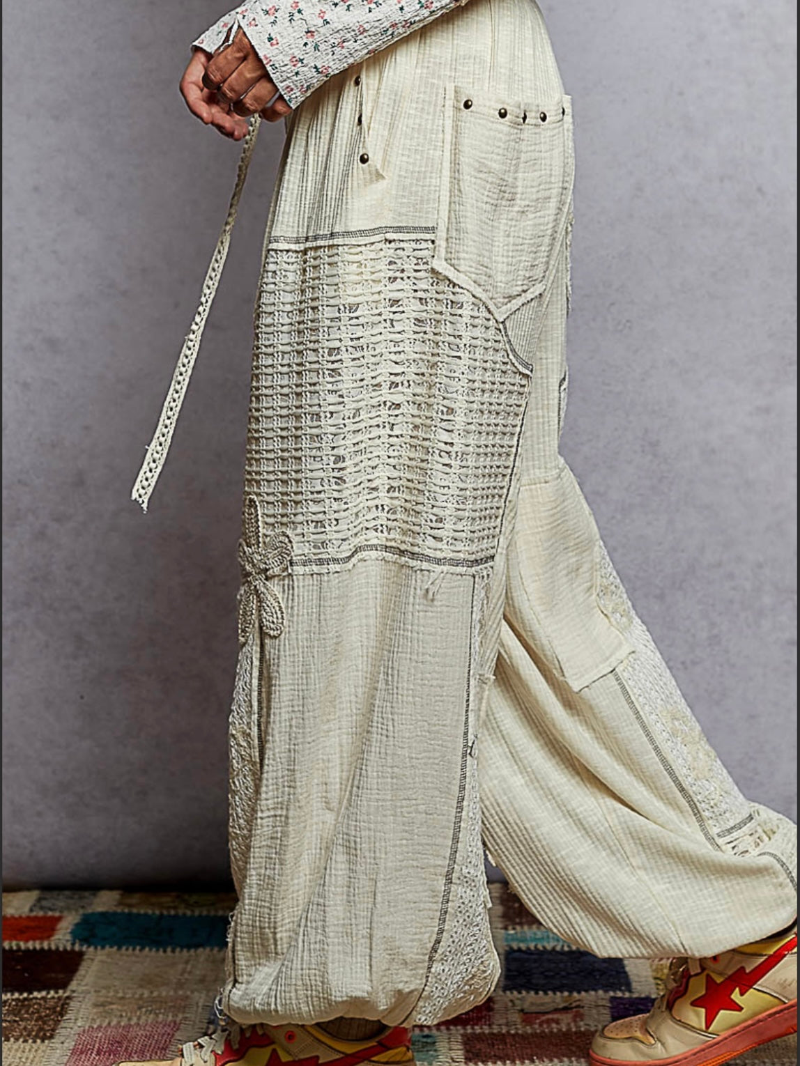 Off white mixed printed fabrics patched wide cargo pants