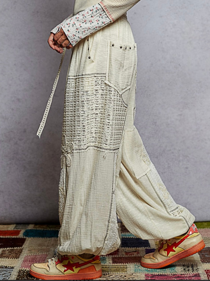 Off white mixed printed fabrics patched wide cargo pants