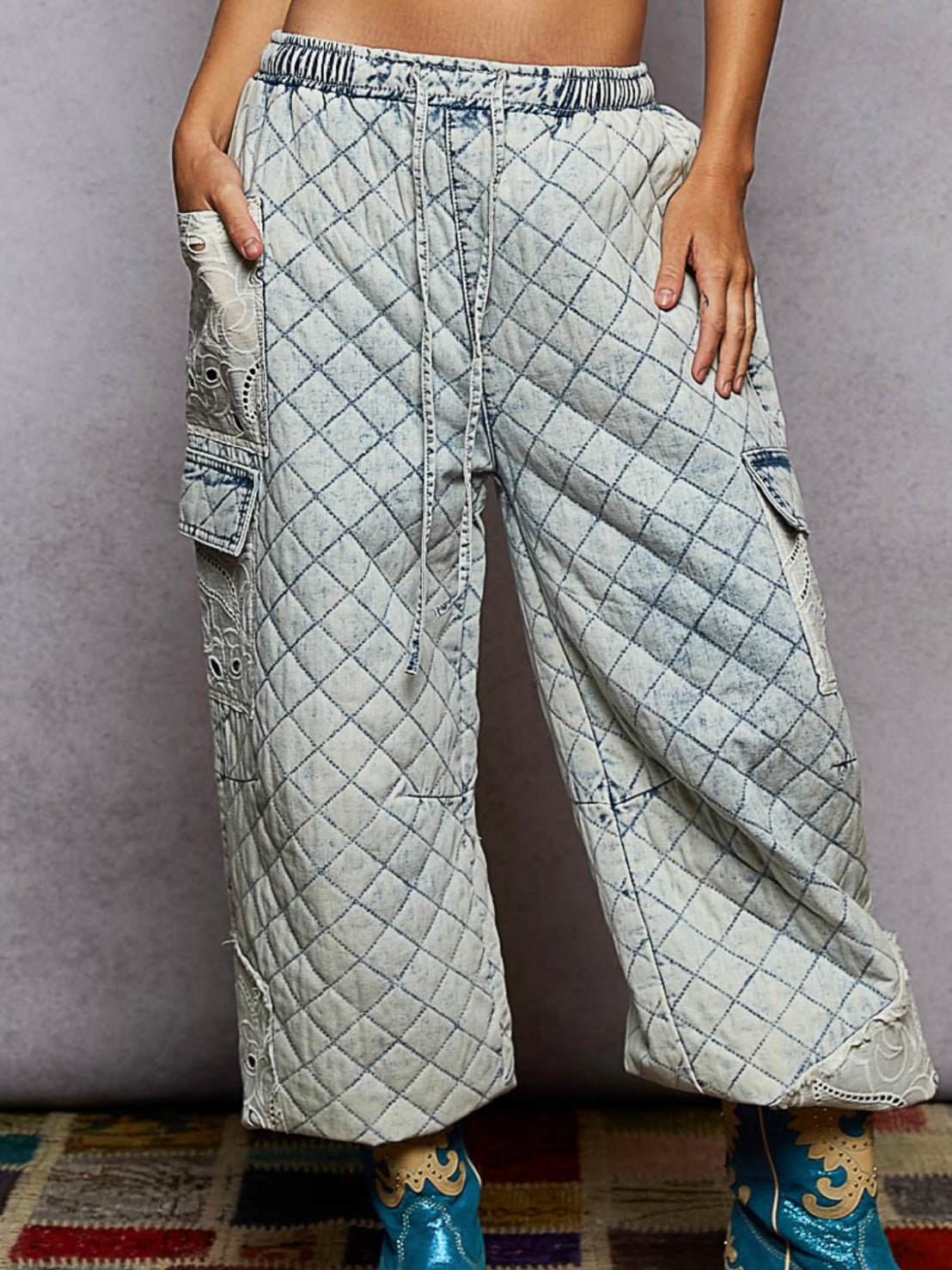 Blue denim wide cargo pants