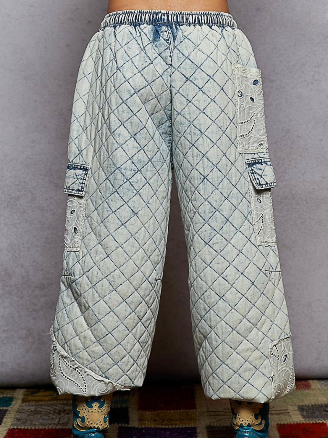 Blue denim wide cargo pants