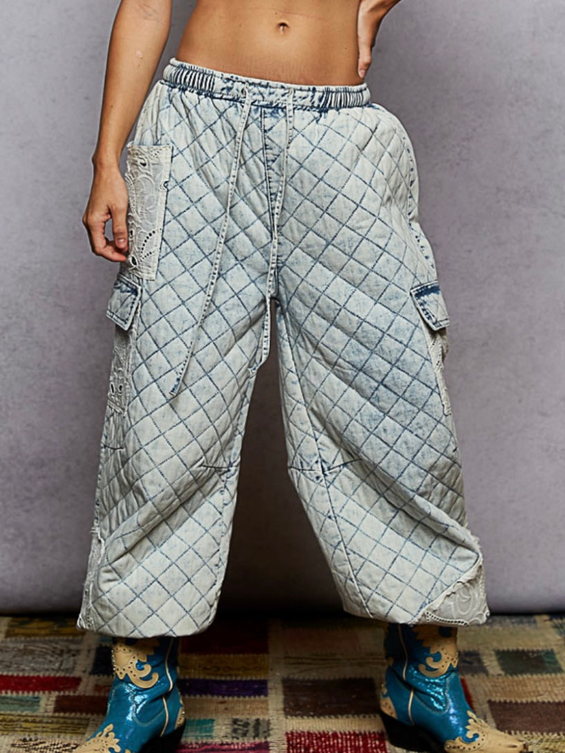 Blue denim wide cargo pants