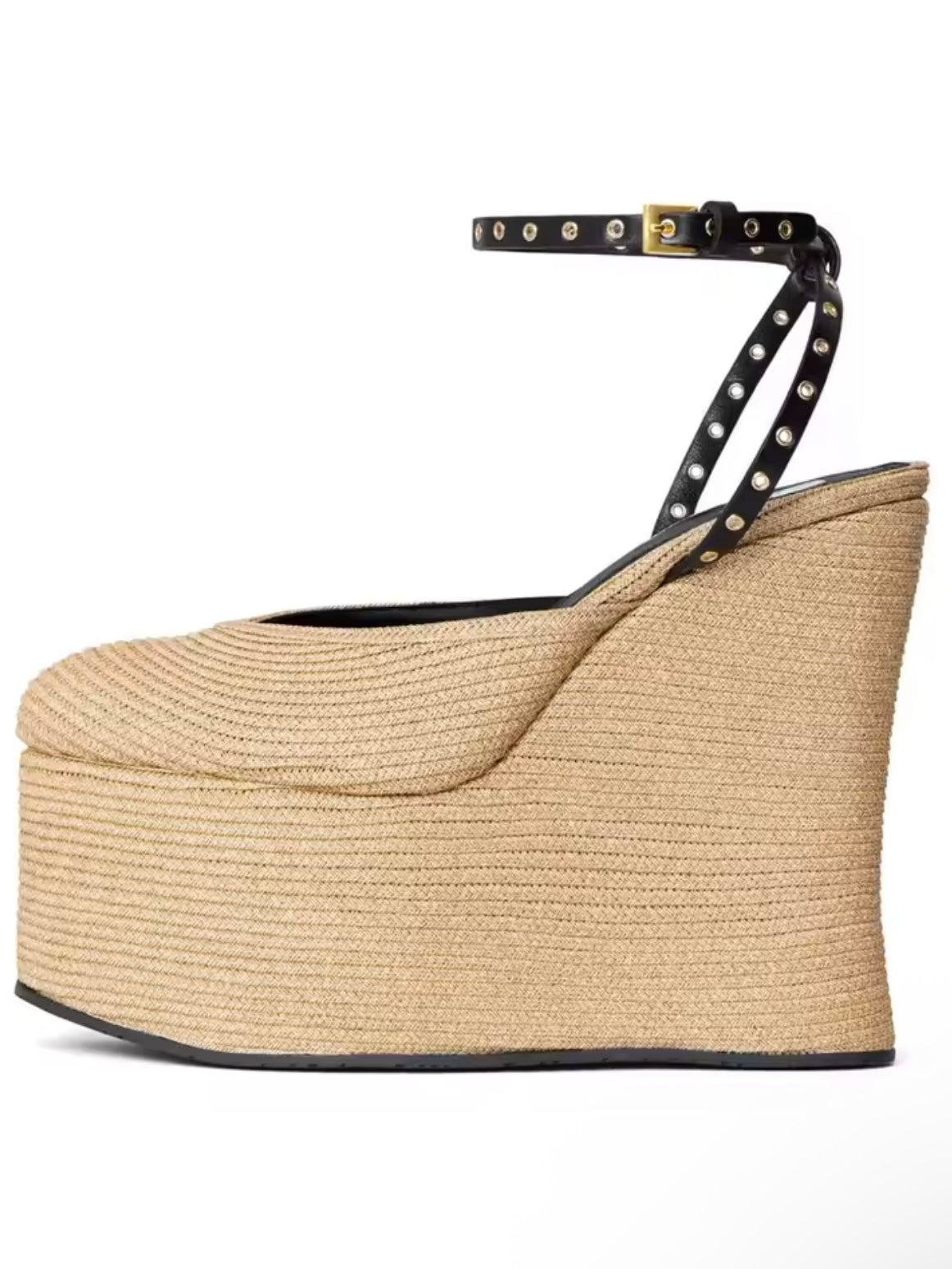 Beige natural straw buckled loafers high heels platform