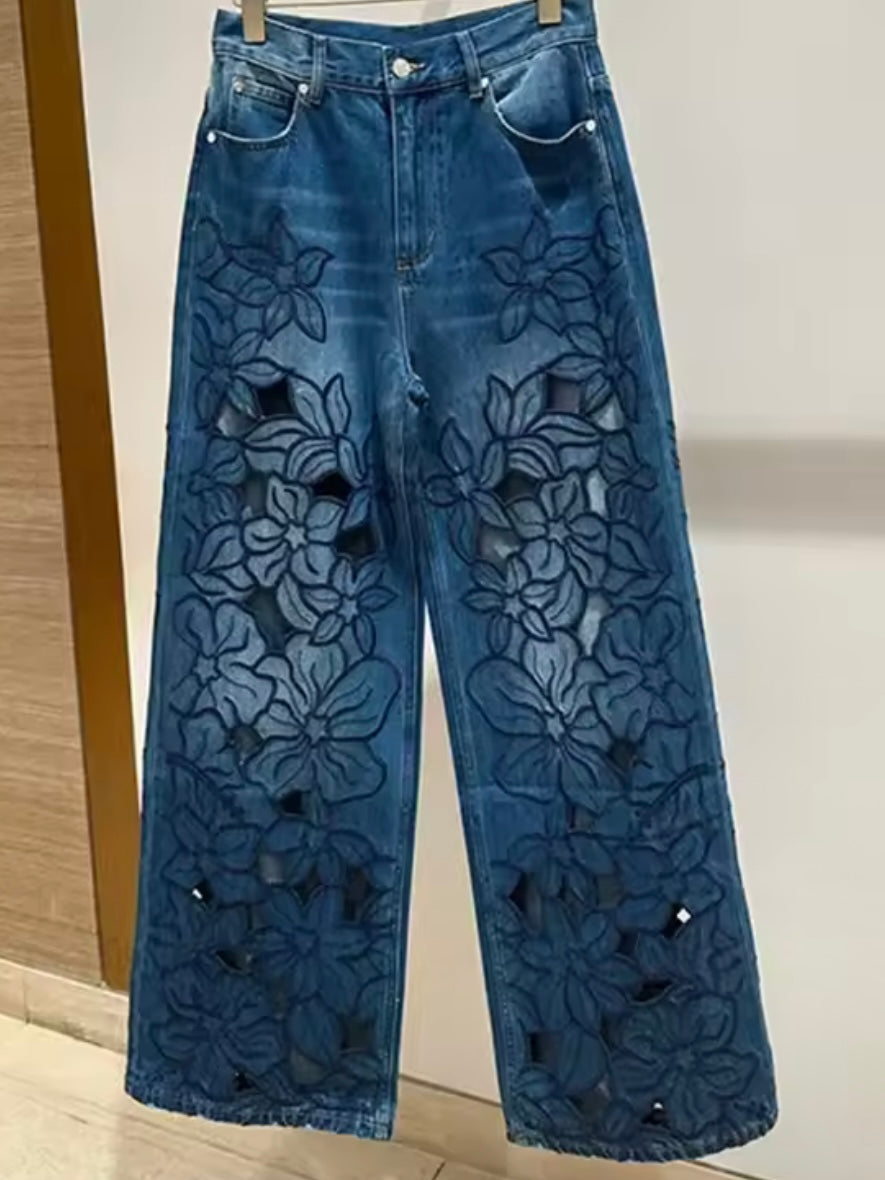 Blue jeans floral cutout fabric pants
