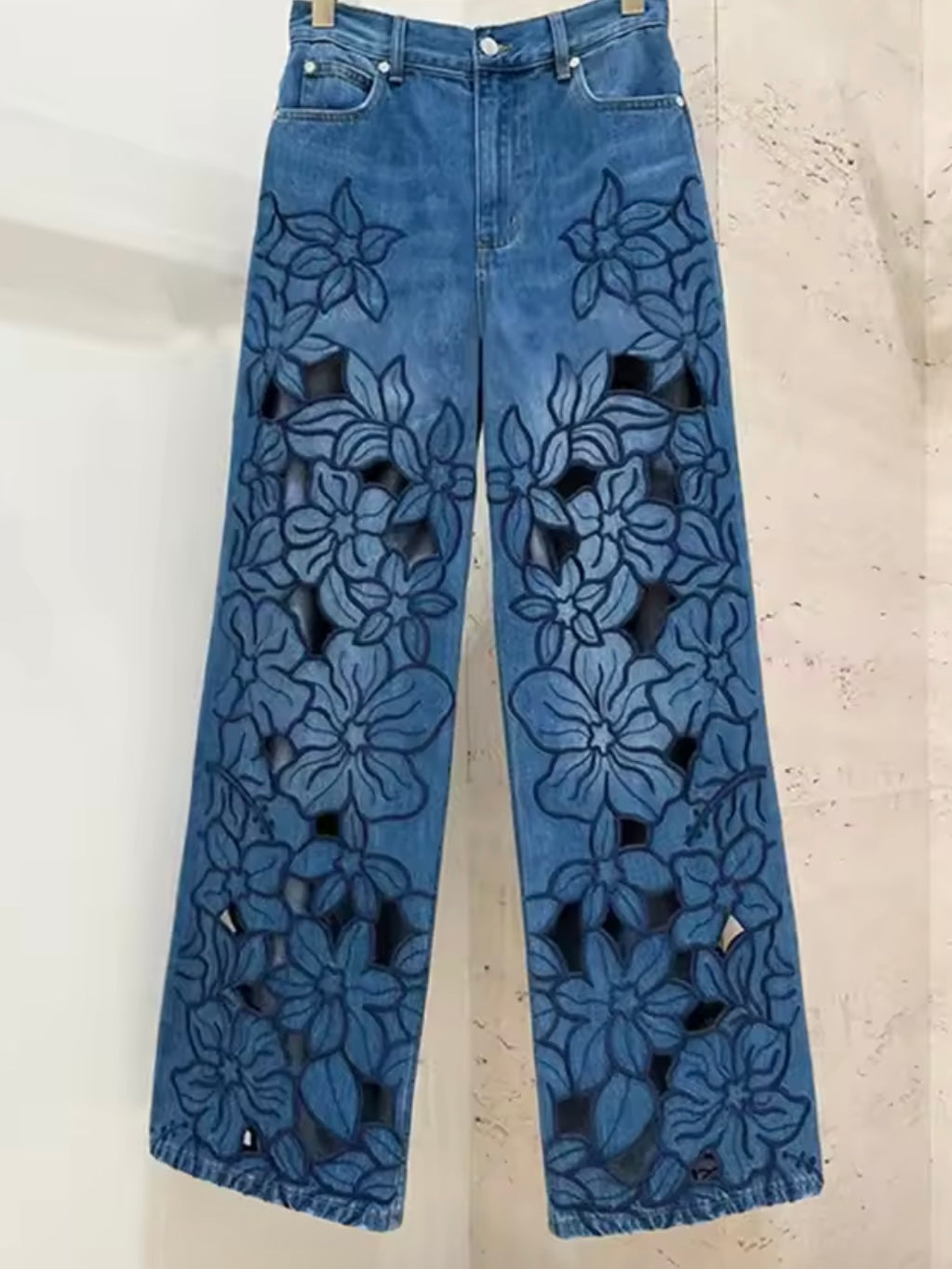 Blue jeans floral cutout fabric pants