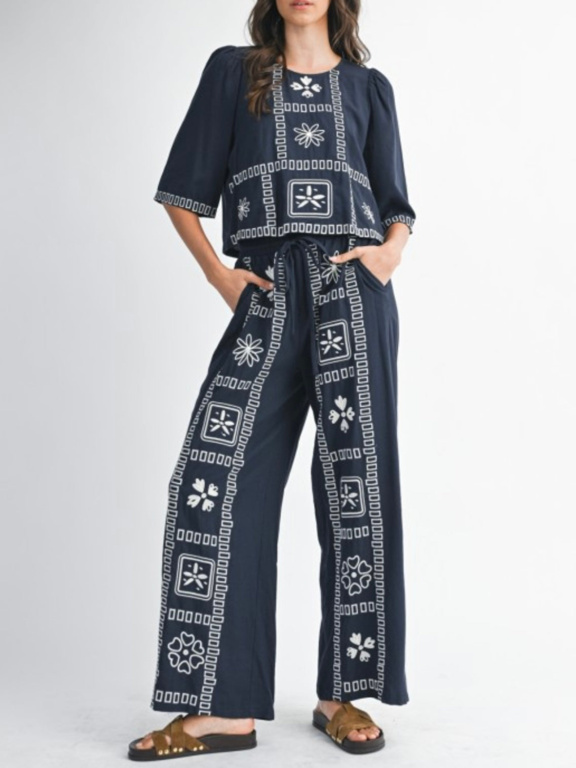 Navy blue and white embroidered floral printed set of 2 shirt and pants