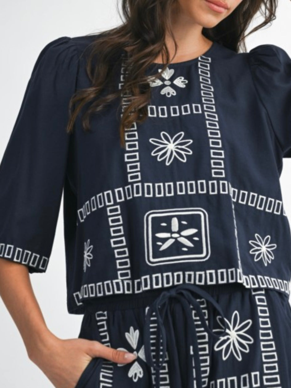 Navy blue and white embroidered floral printed set of 2 shirt and pants