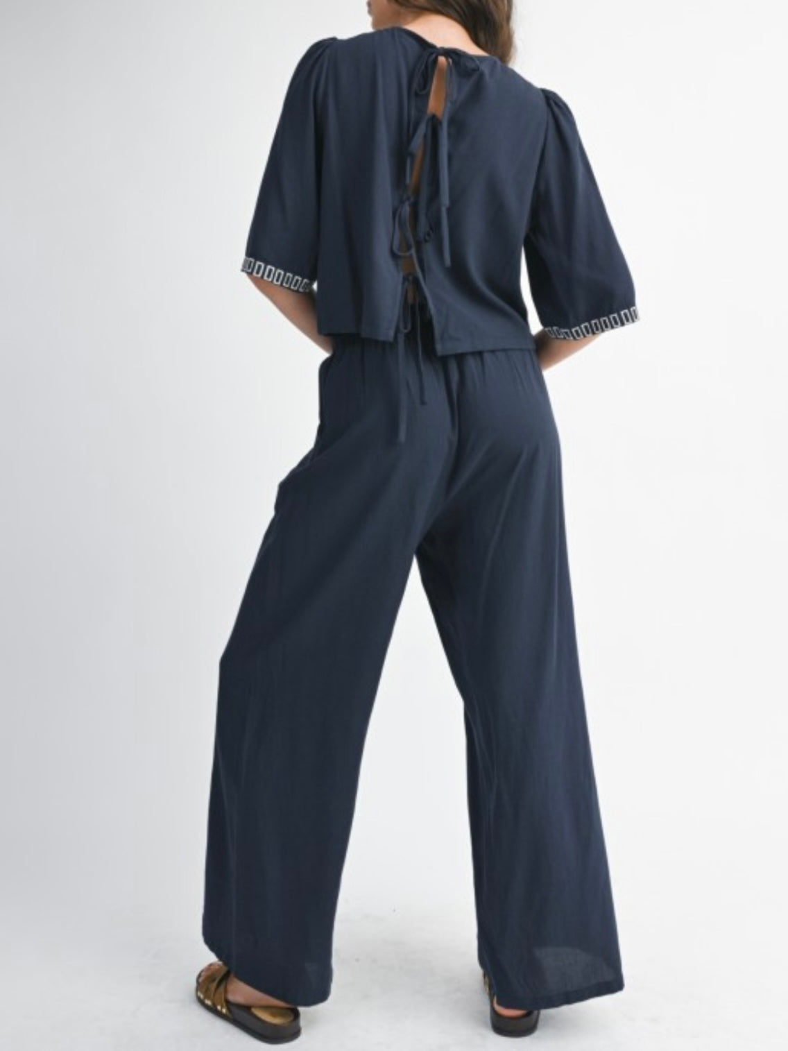 Navy blue and white embroidered floral printed set of 2 shirt and pants
