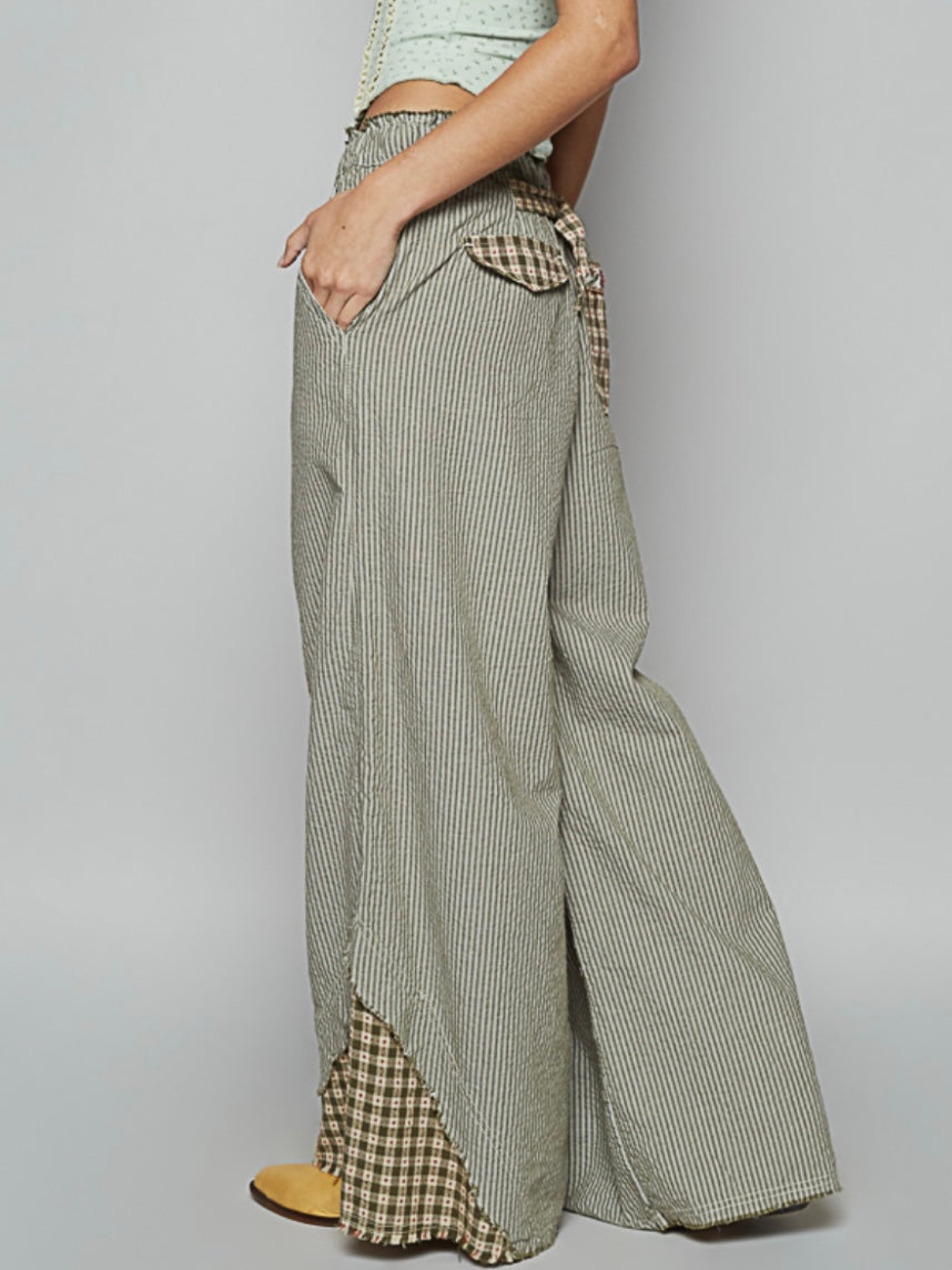 Olive Striped mix fabrics details wide patched pockets pants