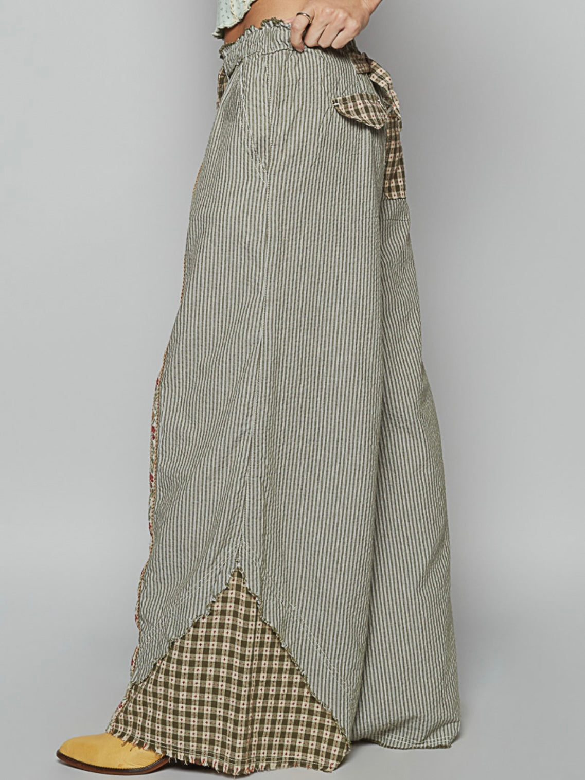 Olive Striped mix fabrics details wide patched pockets pants