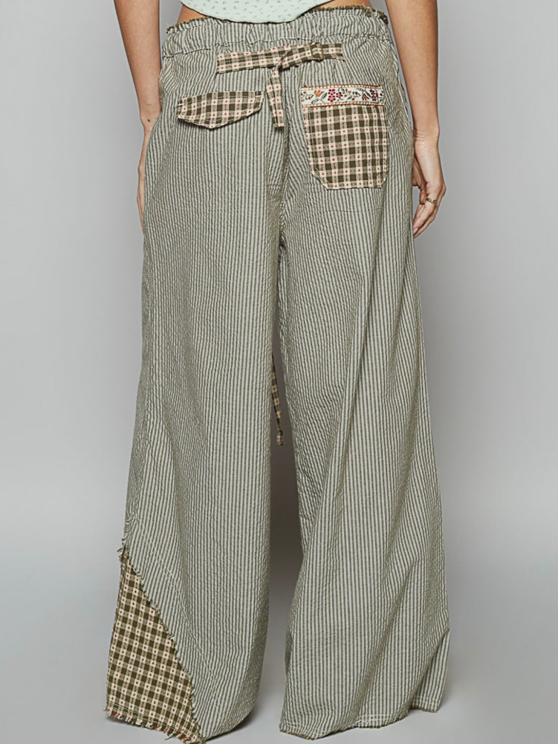 Olive Striped mix fabrics details wide patched pockets pants