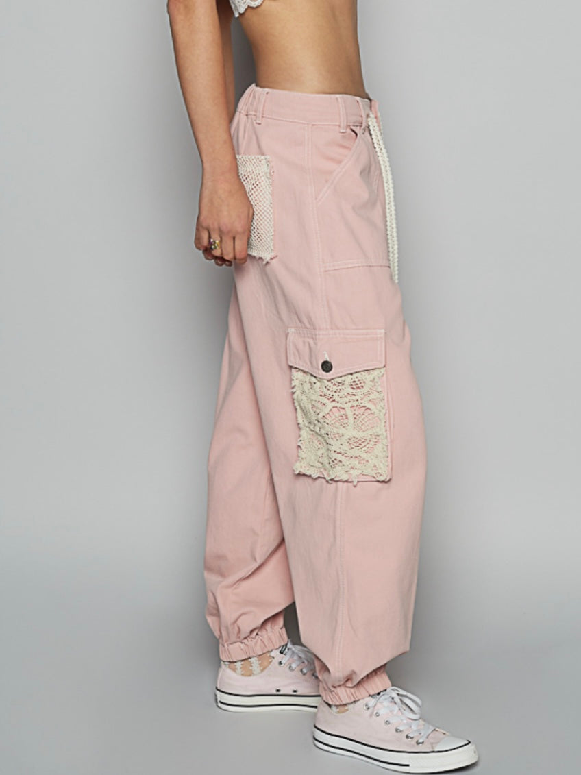 Pink and white crochet mixed fabrics patched wide cargo pants