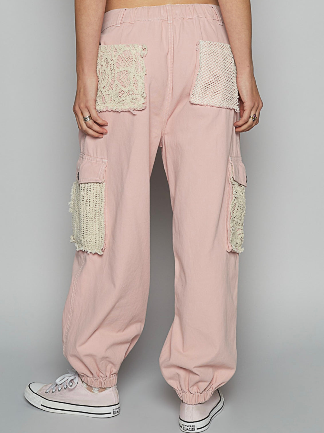 Pink and white crochet mixed fabrics patched wide cargo pants