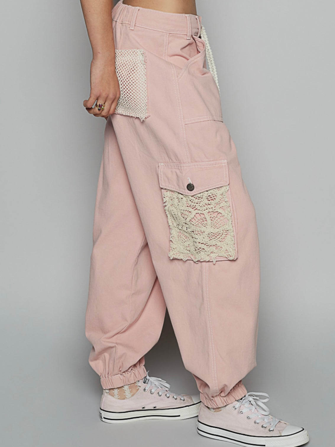 Pink and white crochet mixed fabrics patched wide cargo pants