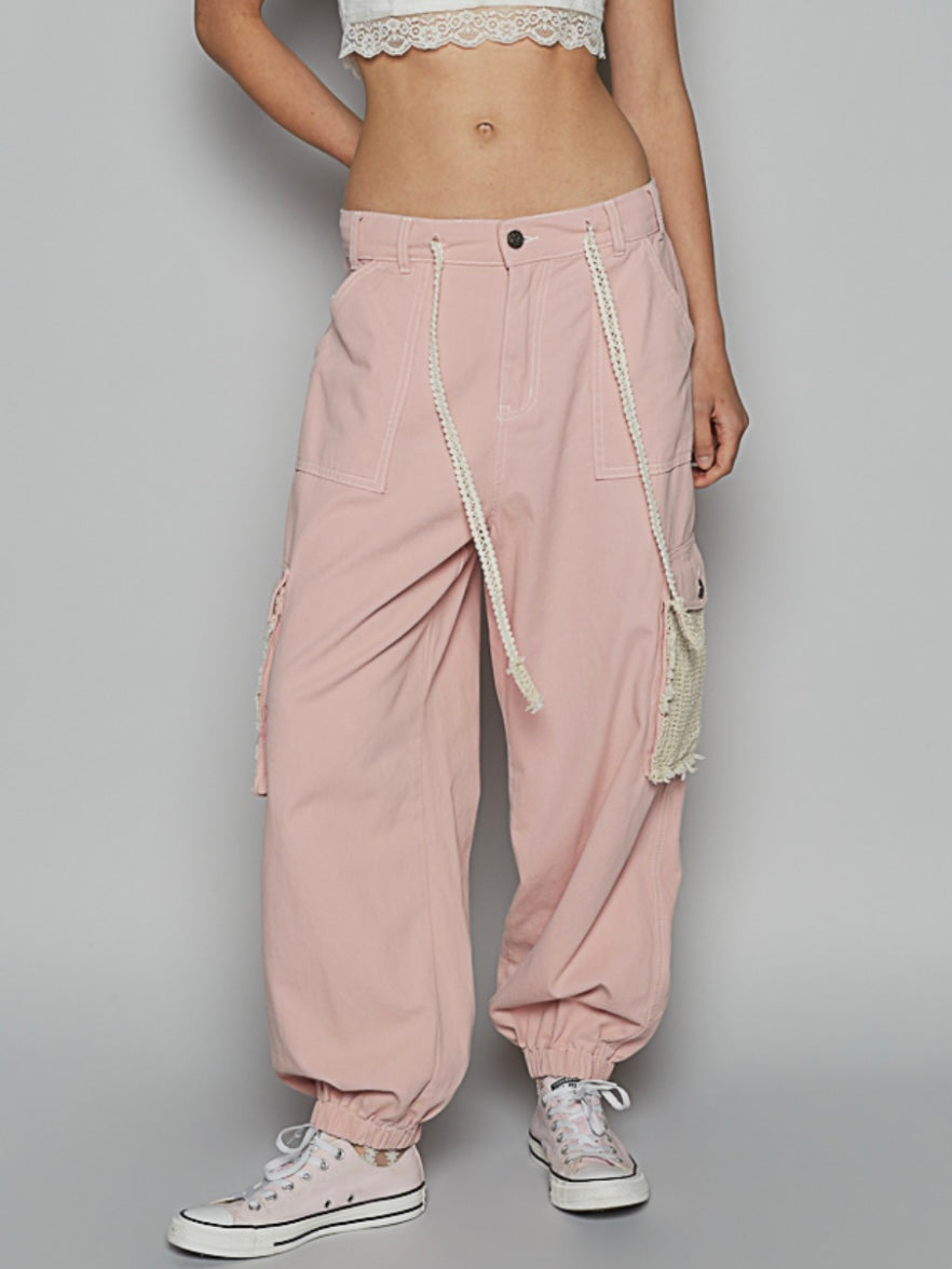 Pink and white crochet mixed fabrics patched wide cargo pants