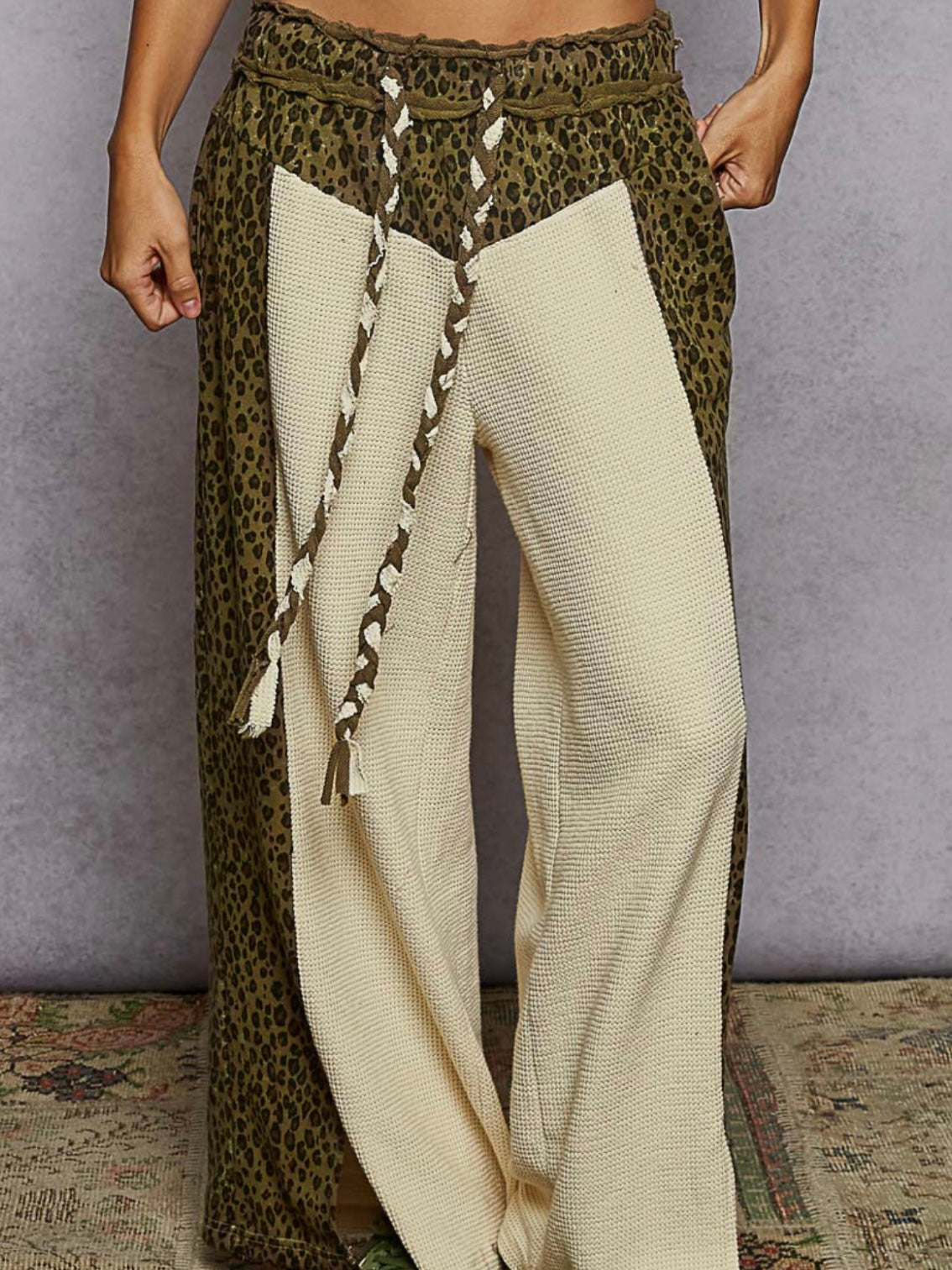Leopard animal printed mix texture fabrics patched wide pants