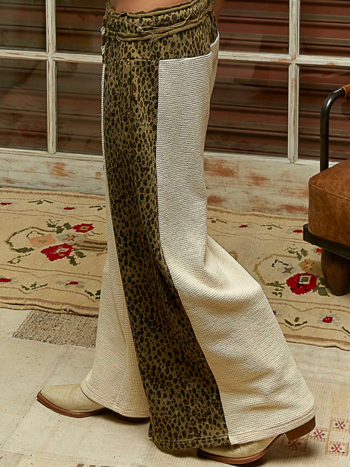 Leopard animal printed mix texture fabrics patched wide pants