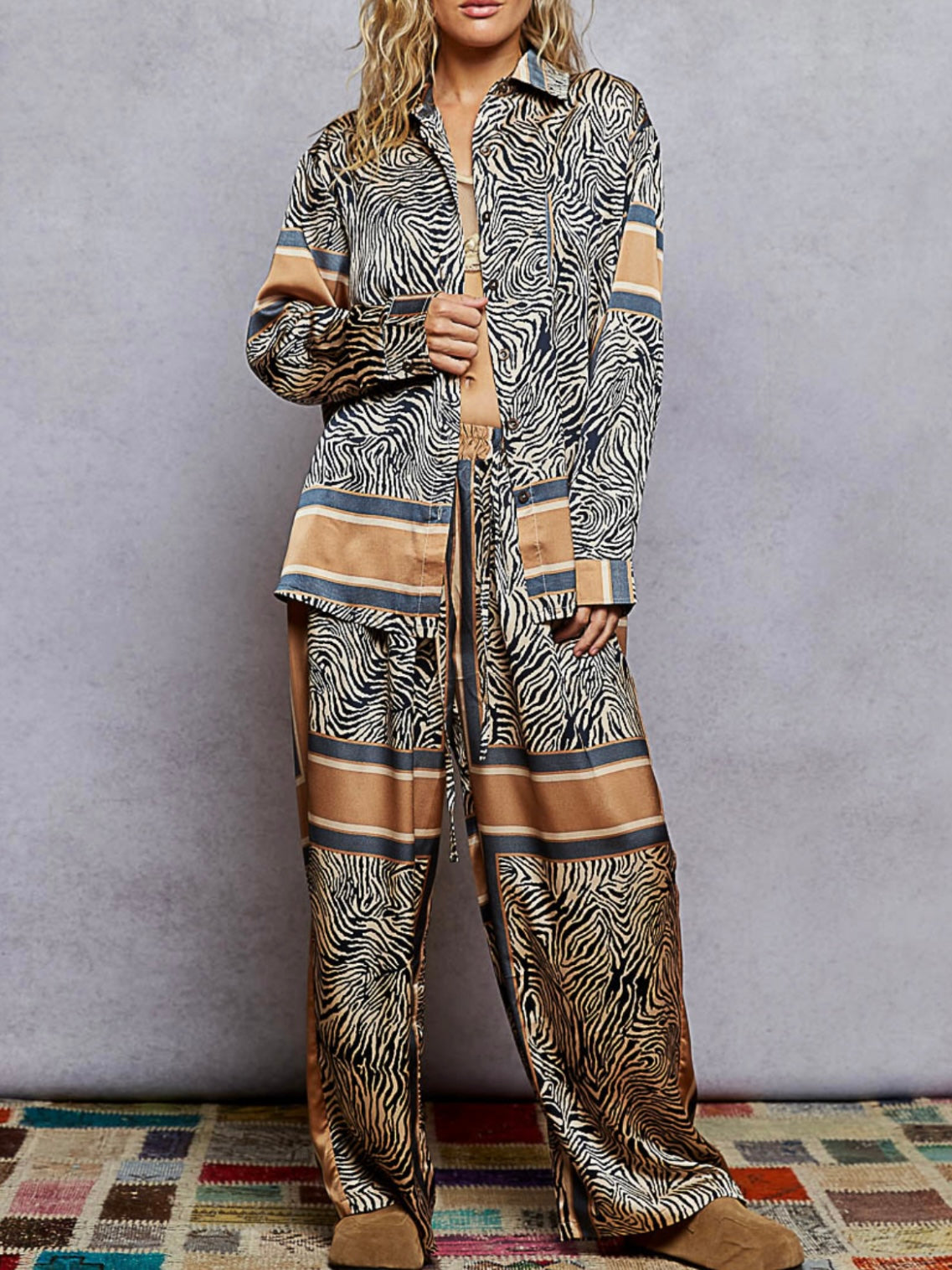 Zebra animal printed mix fabrics patched wide pants