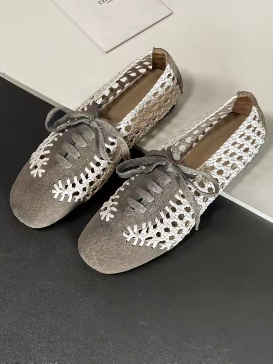 Ballet gray and brown net lace up flats shoes