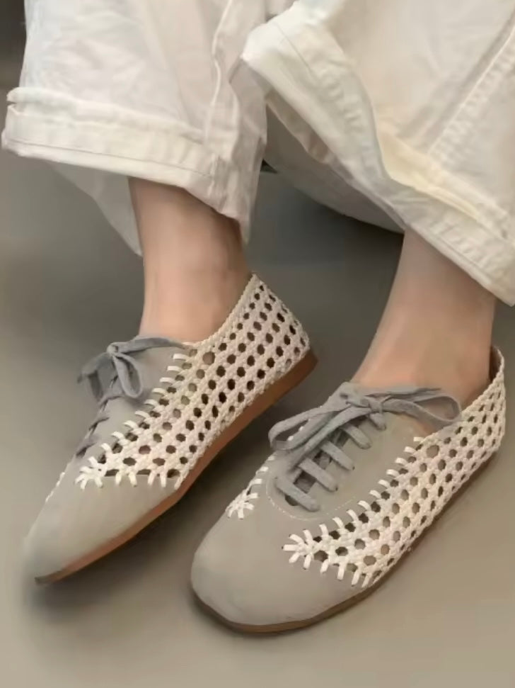 Ballet gray and brown net lace up flats shoes