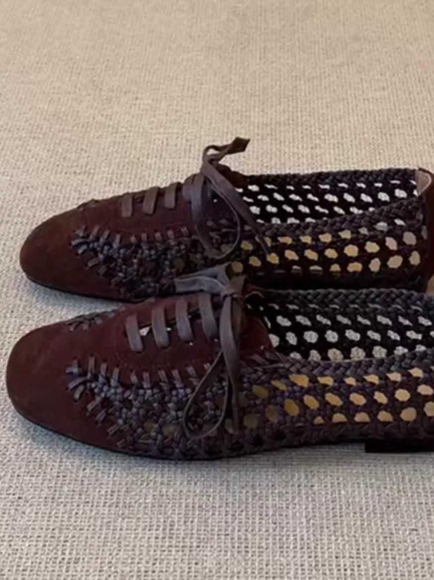 Ballet gray and brown net lace up flats shoes