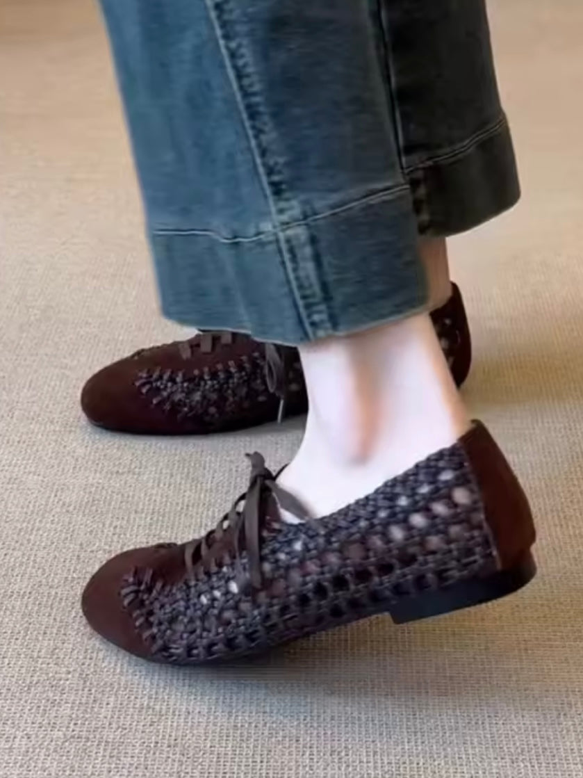 Ballet gray and brown net lace up flats shoes